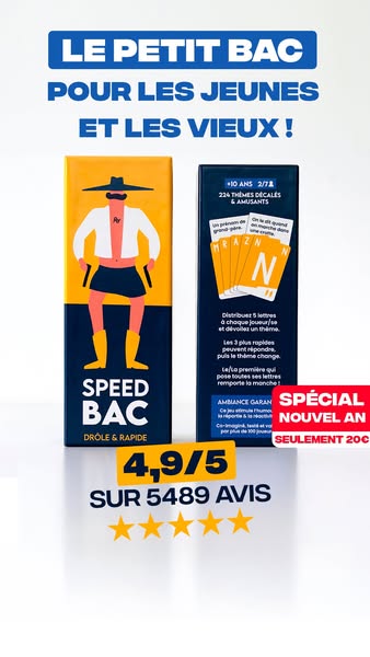 This ad promotes the 'Speed Bac' game, highlighting its appeal to both young and old audiences. It showcases the