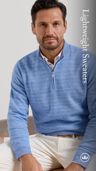 This image ad features a sophisticated man wearing a light blue sweater with cream colored pants. It showcases the sweat
