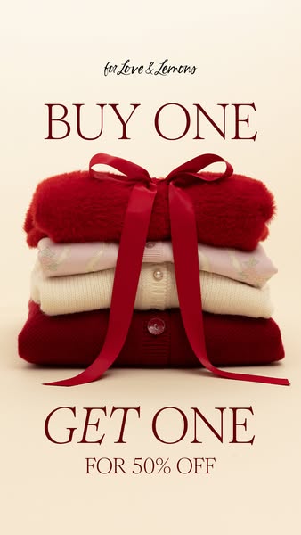 This image ad for For Love & Lemons promotes a buy one get one 50% off sale on cardigans. A stack of folded cardigan