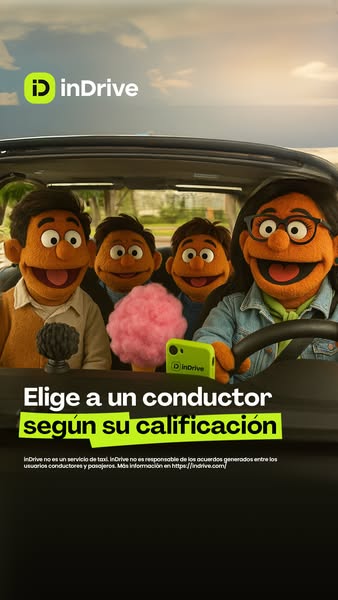 The ad features muppet-style characters in a car to promote InDrive. The ad's focus is on the ability to choose a dr