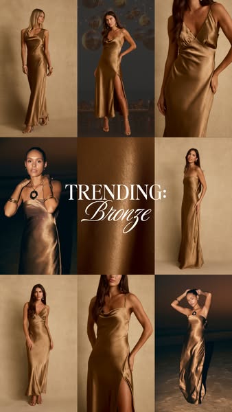 This image ad features a grid of bronze-colored dresses modeled by women. The ad highlights the color bronze as being tr