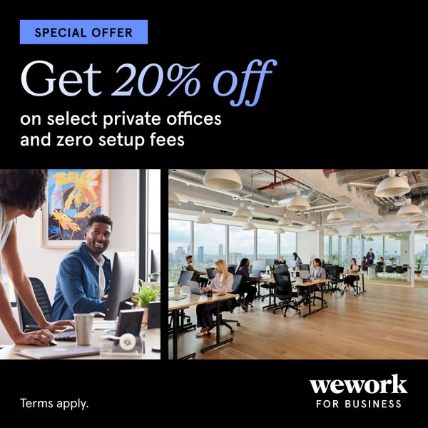 This image ad for WeWork highlights a special offer of 20% off select private offices and zero setup fees to try and con