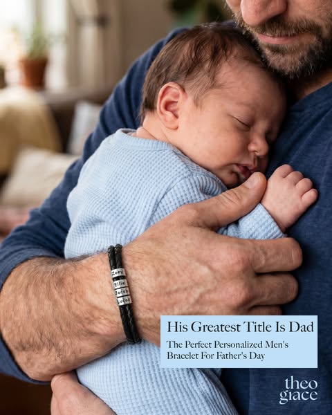 This image ad is promoting Theo & Glace personalized men's bracelets as a Father's Day gift. It features a c