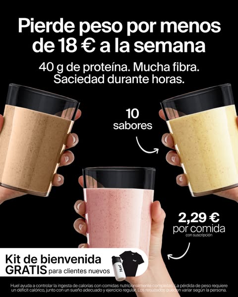 This image ad promotes Huel, highlighting its benefits of weight loss for less than 18€ per week, high protein and fiber