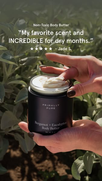 An image ad for Primally Pure Body Butter featuring a product shot held by a person with a positive review.