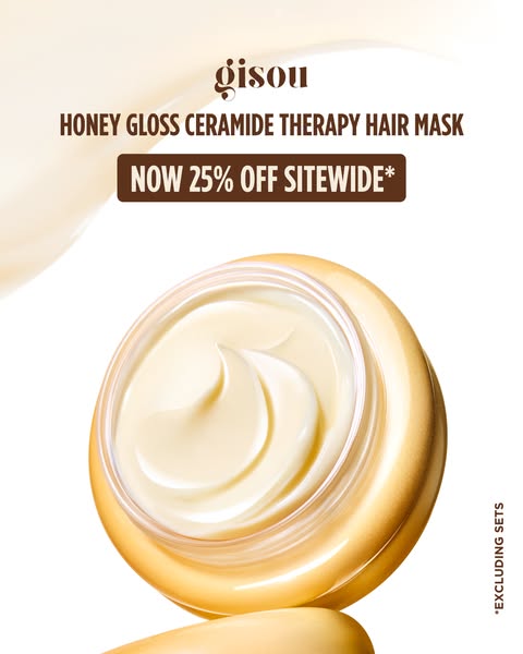 This ad showcases Gisou's Honey Gloss Ceramide Therapy Hair Mask and highlights a sitewide discount offer. The creat