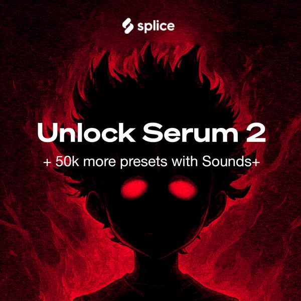 This ad promotes Splice's Serum 2 and 50k more presets with Sounds+ using an anime-style image.