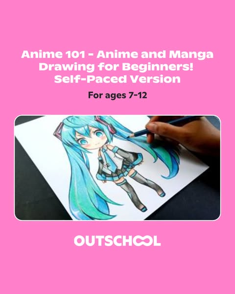 This ad promotes an online course for children ages 7-12 who are interested in learning how to draw anime and manga.