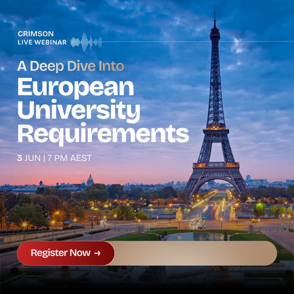 This ad promotes a live webinar about European University requirements hosted by Crimson. The ad features an image of th