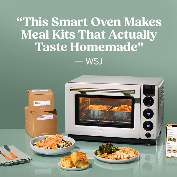 This ad features a quote from WSJ praising the Tovala smart oven and meal kits for tasting homemade. The ad showcases th