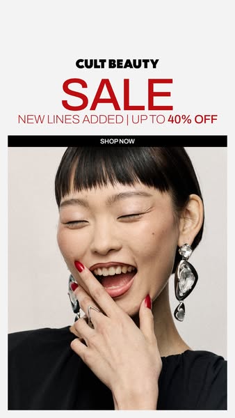 This ad promotes a sale at Cult Beauty, highlighting new lines and discounts up to 40% off. The visual features a smilin