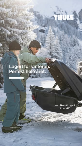 This ad showcases the Thule brand's cargo carrier, emphasizing its storage capacity and suitability for winter and y