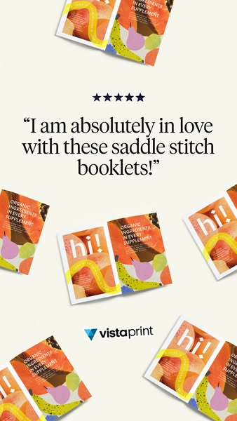 This image ad for Vistaprint features a customer testimonial highlighting saddle stitch booklets, shown in an airy, prod