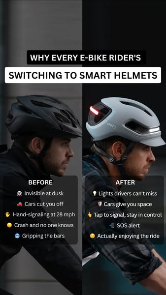 This image ad highlights the benefits of switching to a smart helmet for e-bike riders by showing the contrast in safety
