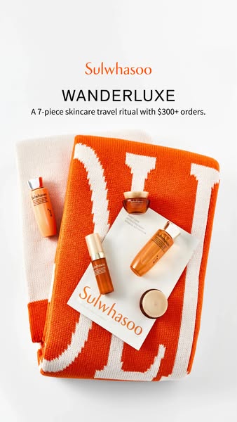 This image ad promotes Sulwhasoo, highlighting a 7-piece skincare travel ritual available with orders of $300 or more. T