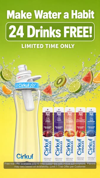 This ad for Cirkul features their water bottle and flavor cartridges. The ad emphasizes that you can get 24 free drinks 