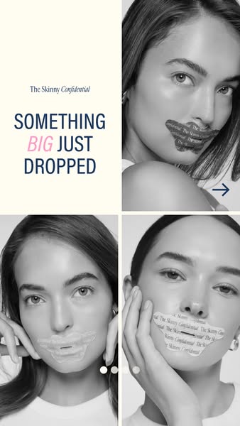 This image ad for The Skinny Confidential features four black and white portraits of women with lip masks on. The ad is 