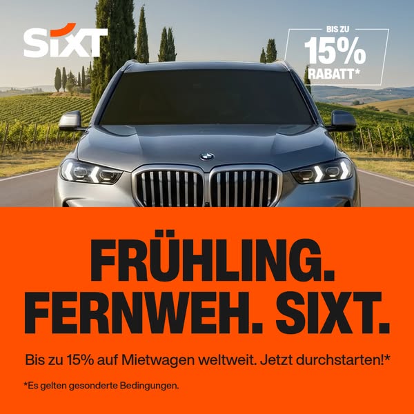 This image ad is for SIXT car rentals and promotes up to 15% off car rentals worldwide during the spring season.