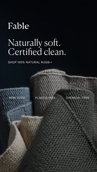 This image ad for Fable promotes their 100% natural rugs, highlighting their softness and cleanliness. The ad emphasizes