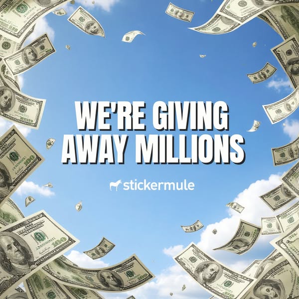 This ad image promotes a giveaway from Sticker Mule. The ad features a background of blue sky with scattered clouds and 