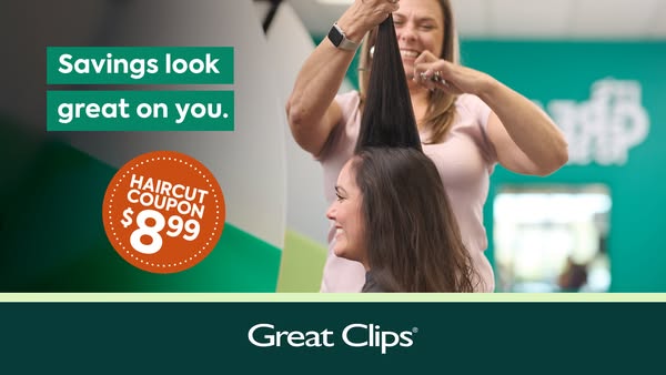 This image ad for Great Clips features a lighthearted image of a customer getting her hair styled, alongside an offer fo