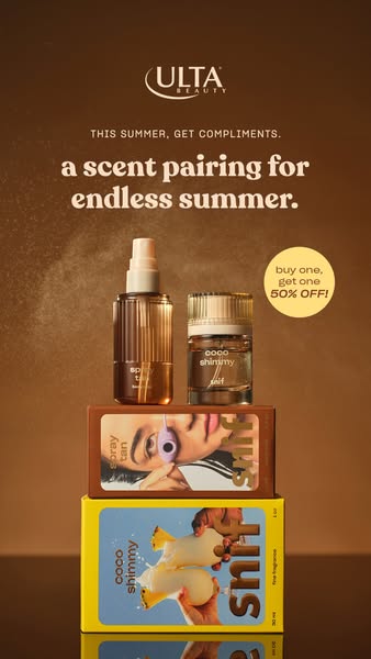 This ad promotes Ulta Beauty's Coco Shimmy and Foray Tan products as a scent pairing for the summer. It features a b