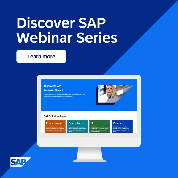 This ad promotes a webinar series by SAP covering various solution areas like procurement, operations, IT, and finance. 