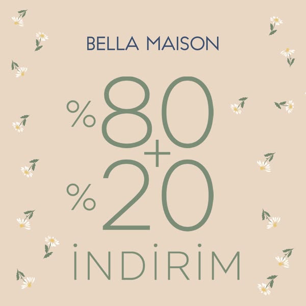 A graphic promoting a discount from Bella Maison. The graphic has a background of a tan color with white flowers sparsel