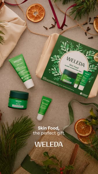This ad showcases Weleda's Skin Food products, positioning them as the perfect gift. The ad features a flat lay arra