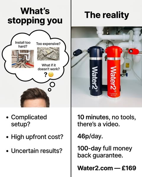 The ad uses a split screen format to highlight customer concerns about a complicated set up, high upfront cost and uncer