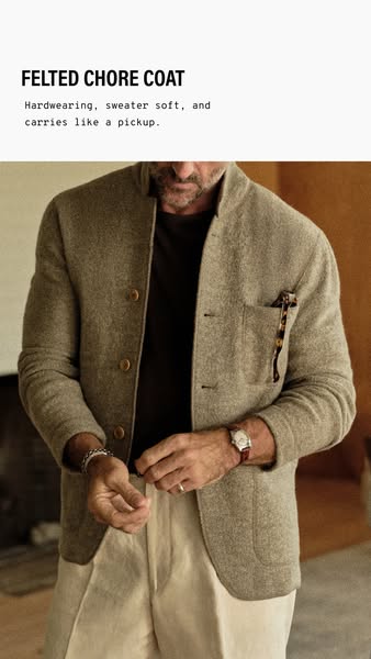 This ad showcases a felted chore coat, highlighting its durability and comfort.