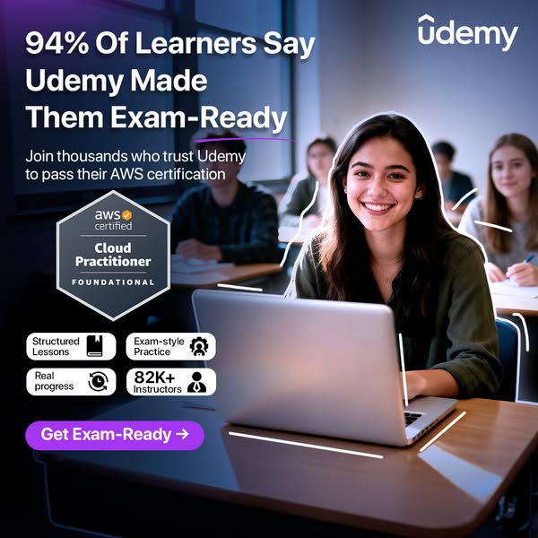 This image ad promotes Udemy's AWS certification course, highlighting that 94% of learners say Udemy made them exam-