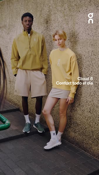 This ad showcases the Cloud 6 shoe by On, highlighting its comfort for all-day wear. The ad features two models wearing 