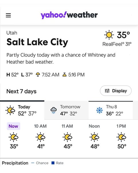 This ad is a screenshot of the Yahoo Weather app for Salt Lake City, Utah. It shows the current weather conditions and t