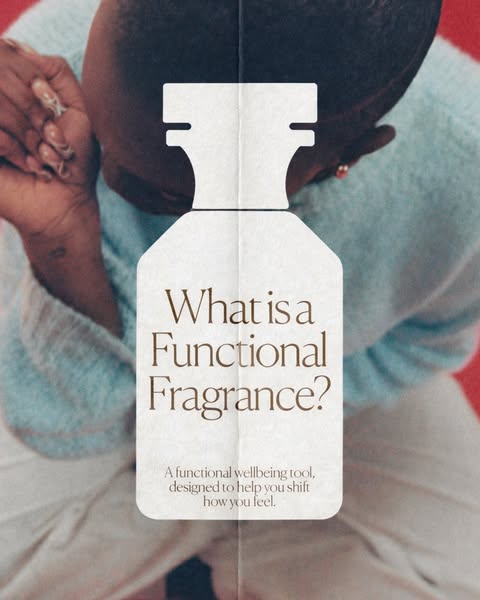 The ad features an image of a person with a blurred background and a graphic of a perfume bottle layered on top. The tex