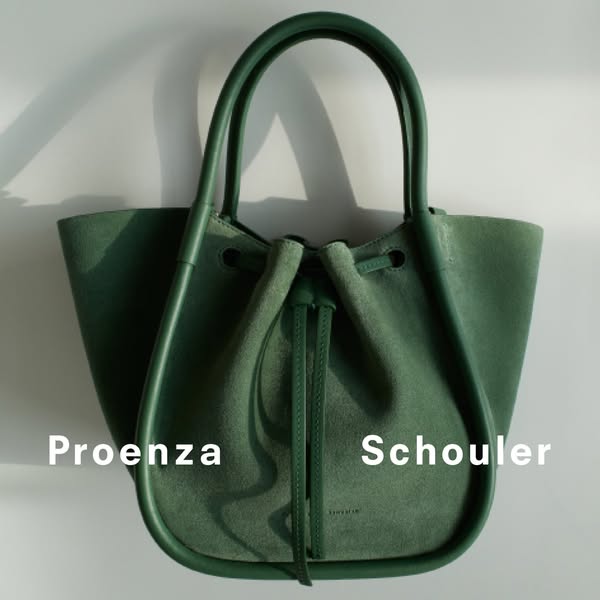 This image promotes a green Proenza Schouler bag, styled against a plain background.