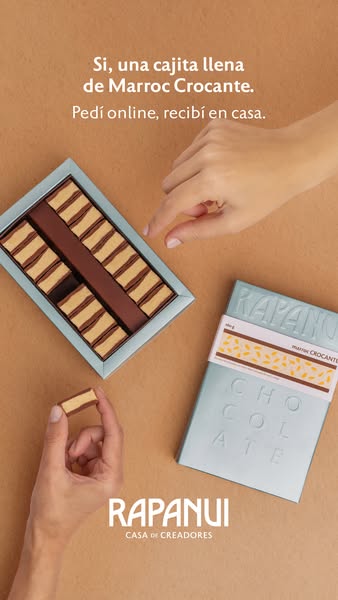 An image ad showcases Rapanui Marroc Crocante chocolates. It features a box of chocolates and a packaged chocolate bar, 
