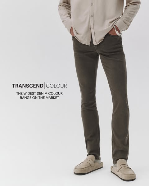 This ad showcases denim pants with the aim of highlighting the wide range of colors available. It uses a simple and clea