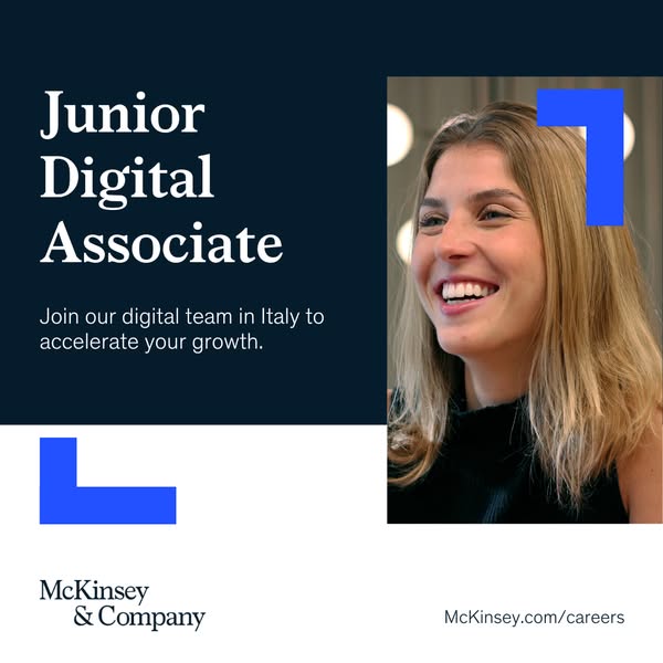 This ad is for a Junior Digital Associate position at McKinsey & Company in Italy. It features a smiling woman and t