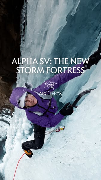 This ad showcases the Arc'teryx Alpha SV jacket, highlighting its suitability for extreme weather conditions through