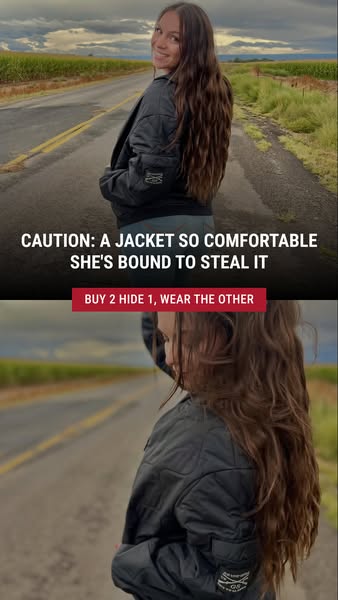 This ad features a woman wearing a black jacket on a rural road. The ad copy emphasizes the jacket's comfort and sug