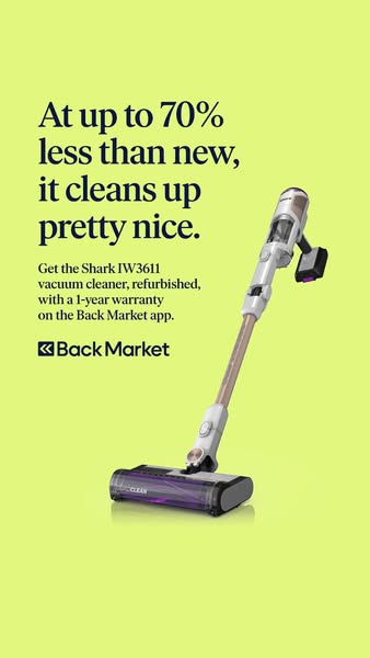 This ad for Back Market features a refurbished Shark vacuum cleaner. The ad highlights the cost savings of buying refurb