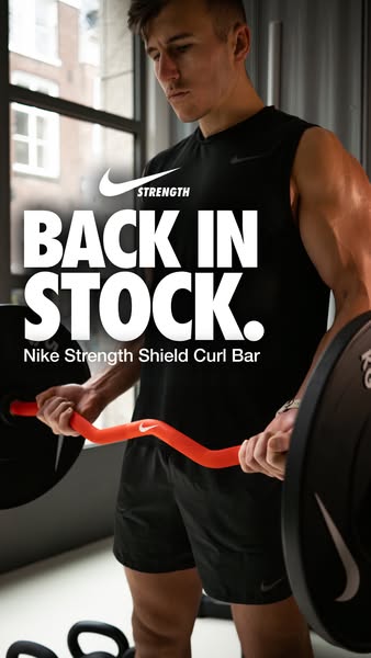 This ad showcases the Nike Strength Shield Curl Bar, highlighting its return to stock with a visual of a muscular man us