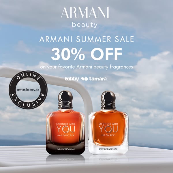 An image ad for Armani Beauty promotes a summer sale offering 30% off on favorite Armani beauty fragrances. The ad featu