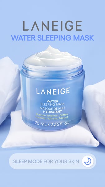 This ad showcases Laneige's Water Sleeping Mask, emphasizing its hydrating and brightening benefits. The ad uses a c