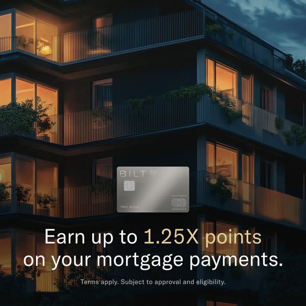 This ad promotes the BILT credit card, highlighting its unique feature of earning points on mortgage payments. The ad fe