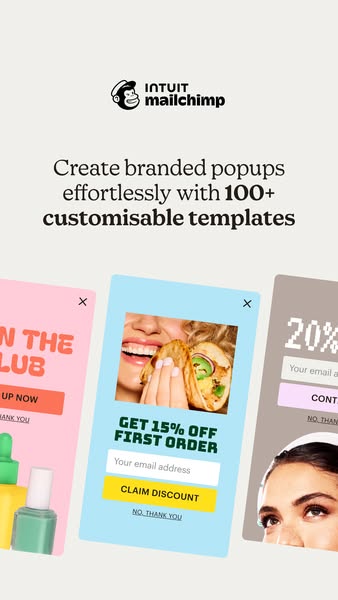 This ad promotes Mailchimp's popup creation tool, highlighting its ease of use and customizable templates. It target