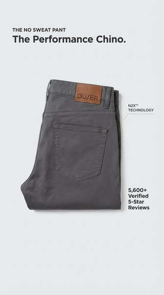 This ad highlights the features of DU/ER performance chinos, emphasizing their sweat-resistant and comfortable design. I