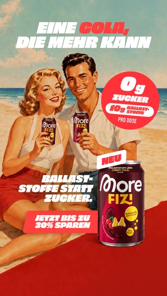 Retro advertisement for a cola drink, highlighting that it is low in sugar and contains ballaststoffe.