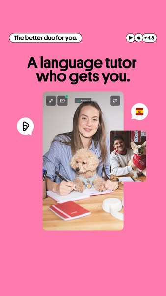 This ad for a language tutor service features a split-screen view of two people video chatting with each other. The ad e